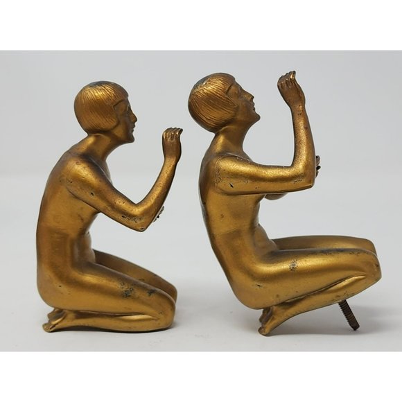 2 Vintage Bronze/Brass Nude Woman Kneeling Reaching Out Holding‎ Tray/Plate - Picture 4 of 14